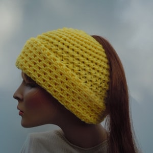 Ponytail Hat, Messy Bun Hat, Bright Yellow Hat, Hat For Long Hair, Winter Beanie, Yellow Messy Bun Hat, Cold Weather Hat