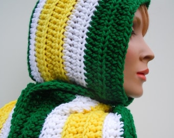 Sport Team Colors Hooded Scarf, Green Yellow White Scarf, Team Spirit Scarf, Hooded Scarf, Crochet Scarf