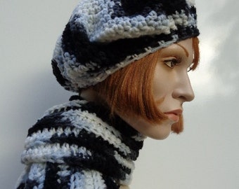 Hat and Scarf Set, Zebra Colors Hat Scarf, Black White Hat Scarf, Slouchy Set, Crocheted Hat Scarf, Cold Weather Set