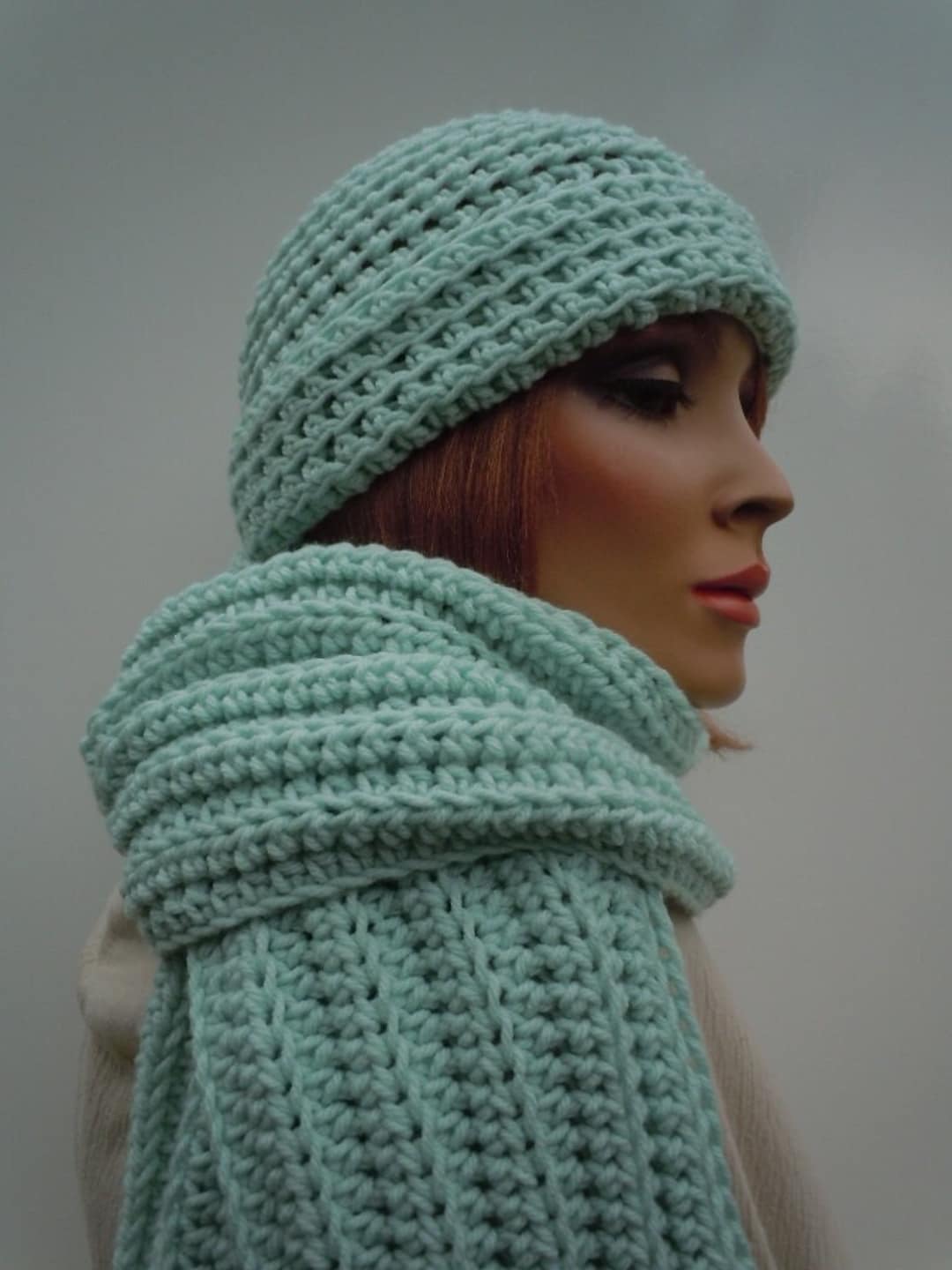 Pale Green Hat Scarf Set, Light Green Hat Scarf, Crochet Hat Scarf