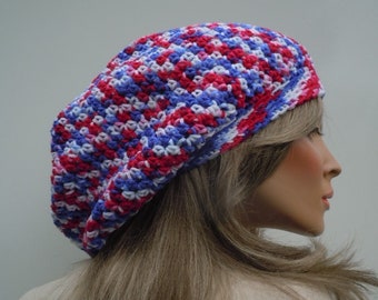 Patriotic Tam, Dreadlock Tam, Rasta Tam Cap, Hippie Hat, Bag Hat, Red White Blue Tam, Rasta Hat, Patriotic Rasta Hat, Oversized Slouchy Tam