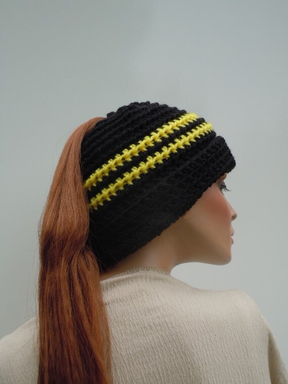 Ponytail Hat Messy Bun Hat Bumble Bee Hat Hat For Long Etsy