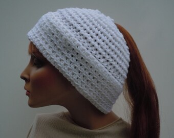 Ponytail Hat, Messy Bun Hat, Bright White Hat, Hat For Long Hair, Winter Beanie, White Messy Bun Hat, Cold Weather Hat