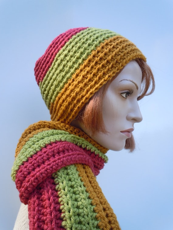 Autumn Hat Scarf, Muted Colors Set, Cold Weather Set, Crochet Hat Scarf, Hat and Scarf set, Brick Red Hat Scarf, Drab Green, Mustard Scarf