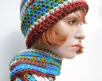 Hat and Scarf Set, Bright Mexican Peruvian Colors Slouch Hat and Scarf, Crocheted Hat and Scarf, Womens Hat and Scarf