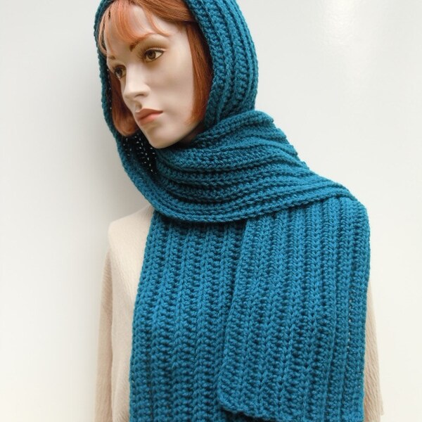 Hooded Scarf - Teal Pixie Hood - Scoodie - Hooded Scarf - Hat and Scarf - Crochet