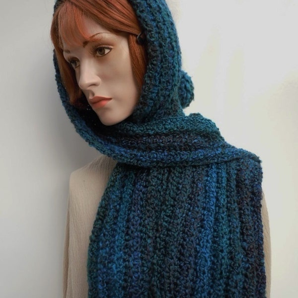 Deep Blues Pixie Hood - Hooded Scarf - Dark Blue Hat Scarf Set - Crochet