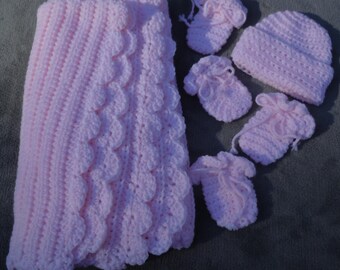 Baby Blanket Set, Newborn Blanket Set, Soft Pink Baby Blanket, Pink Blanket Hat Mittens Booties Set, Baby Blanket, Pink Newborn Set