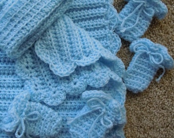 Baby Blanket Set, Newborn Blanket Set, Soft Blue Baby Blanket, Blue Blanket Hat Mittens Booties Set, Baby Blanket, Blue Newborn Set