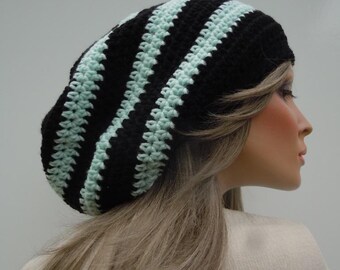 Black and Green Dread Tam, Black Green Hat, Black and Pale Green Tam, Dreadlock Tam,/ Hippie Hat, Bag Hat, Black and Pale Green Rasta