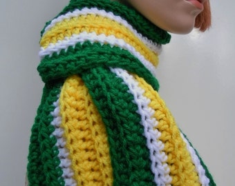 Football Team, Sports Team Inspired Scarf, Green Yellow White Scarf, Team Spirit Scarf, Crochet Scarf