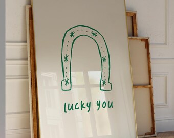 Pósteres de herraduras, arte de pared occidental verde, arte imprimible "Lucky You", apartamento universitario, estética, decoración retro verde para el hogar, arte de pared occidental retro