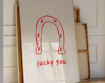 Pósteres de herraduras, arte de pared occidental rojo, arte imprimible "Lucky You", decoración retro roja para el hogar, arte de pared occidental retro, arte de herradura occidental dibujado a mano