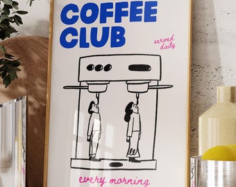 クラブコーヒーウォールアート、レトロコーヒーポスター、コーヒークラブアートプリント、コーヒークラブ手描きレトロキッチンプリント、美しいキッチンウォールアート