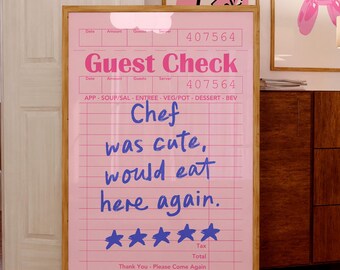 Chef Was Cute Would Eat Here Again, Guest Check Print, Trendy Wall Art Printable, Aesthetic Wall Art Printable, Aesthetic Kitchen Decor