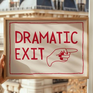 Dramatic Exit Print, Trendy Printable Wall Art, Red Entryway Print, Hand Pointing Right Mid Century Modern, Funny Sign Trendy Entryway Decor