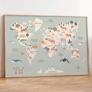 Wereldkaart dieren, kinderen dierenwereldkaart print, wereldkaart kinderkamer, kinderkamer kunst aan de muur, educatieve poster, kinderdagverblijf prints, Instant Download
