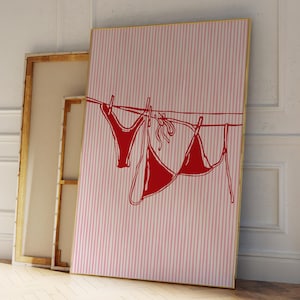 Bikini Print Red Pink Beachy Wall Art, Trendy Coastal Summer Art, Hand Drawn Bikini Hanging Art Coastal Wall Art Bikini Endless Summer Print