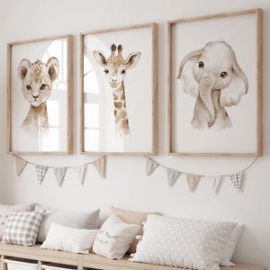 Nursery Wall Art Animals, Safari Animals Wall Art Set of 3, Gender Neutral Nursery, Baby Room Decor, Elephant, Giraffe, Lion, Animal Prints