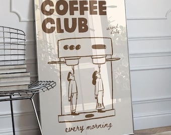 クラブコーヒーウォールアート、コーヒー愛好家アート、レトロコーヒーポスター、コーヒークラブアートプリント、コーヒークラブ手描きレトロキッチンプリント、コーヒーバイブス