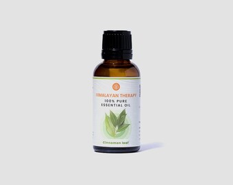 May include: A brown glass bottle with a black cap containing 100% pure cinnamon leaf essential oil. The bottle has a white label with the text "Himalayan Therapy 100% Pure Essential Oil Cinnamon Leaf".