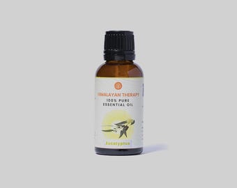 May include: A brown glass bottle with a black cap containing 100% pure Eucalyptus essential oil. The label reads "Himalayan Therapy 100% Pure Essential Oil Eucalyptus".