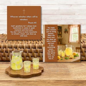 May include: A miniature pitcher and two glasses filled with a yellow liquid and lemon slices sit on a wooden tray. The image includes two cards with text about refreshment and making time sweeter.