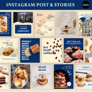 Puede incluir: Un conjunto de plantillas de publicaciones e historias de Instagram para una panadería o cafetería. Las plantillas presentan imágenes de pasteles, café y pan, con superposiciones de texto como "Pan recién horneado", "Latte helado" y "No te lo pierdas".