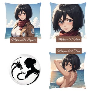 Könnte beinhalten: Vier verschiedene Kissen-Designs mit einem Anime-Charakter mit schwarzen Haaren und braunen Augen. Das erste Kissen zeigt den Charakter in einer braunen Jacke und einem roten Schal. Das zweite Kissen zeigt eine Nahaufnahme des Gesichts des Charakters. Das dritte Kissen zeigt eine Silhouette eines Drachen und einer Frau. Das vierte Kissen zeigt den Charakter im Badeanzug am Strand.