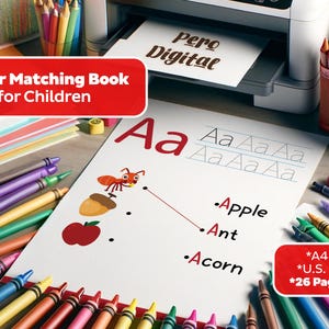 Libro imprimible de emparejamiento y trazado del alfabeto / Reconocimiento de letras del abecedario para niños / Libro de ejercicios divertido y educativo para preescolar