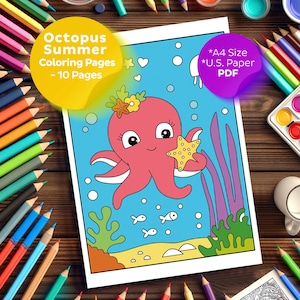Cute Octopus Coloring Pages for Kids – Summer Ocean Animals Printable PDF – Fun Sea Life Activity Book for Preschool & Toddlers