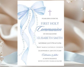 Blue Bow Confirmation Invitation Template Watercolor Elegant Catholic Invite Religious Confirmation Card Printable Canva Instant Download