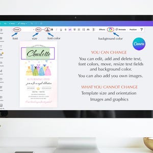 K&ouml;nnte beinhalten: Ein Computermonitor zeigt eine Canva-Designoberfl&auml;che. Auf dem Bildschirm ist eine Geburtstagseinladungsvorlage mit dem Namen "Charlotte" und dem Text "IS TURNING FIVE" zu sehen. Die Oberfl&auml;che bietet Optionen f&uuml;r Schriftart, Gr&ouml;&szlig;e, Schriftfarbe und Hintergrundfarbe.