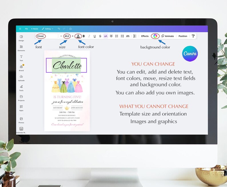 K&ouml;nnte beinhalten: Ein Computermonitor zeigt eine Canva-Designoberfl&auml;che. Auf dem Bildschirm ist eine Geburtstagseinladungsvorlage mit dem Namen "Charlotte" und dem Text "IS TURNING FIVE" zu sehen. Die Oberfl&auml;che bietet Optionen f&uuml;r Schriftart, Gr&ouml;&szlig;e, Schriftfarbe und Hintergrundfarbe.