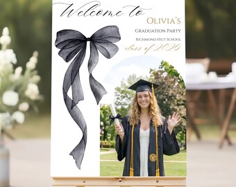 Black Bow Graduation Welcome Sign with Photo, Watercolor Coquette Aesthetic, Editable Canva Template Digital Download