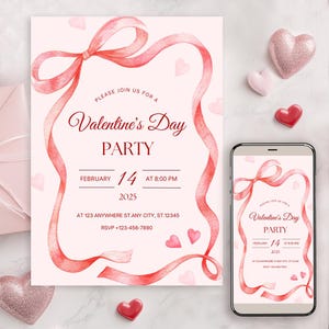 Red Bow Valentinstag Party Einladung Bearbeitbar Coquette Galentines Day Card Valentine Ribbon Animierte Einladung Canva Digitale Vorlage