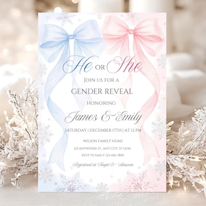 May include: A gender reveal invitation with a watercolour design. The invitation features a blue bow and pink bow, with the words "He or She" at the top. The invitation includes the names James & Emily, and event details.