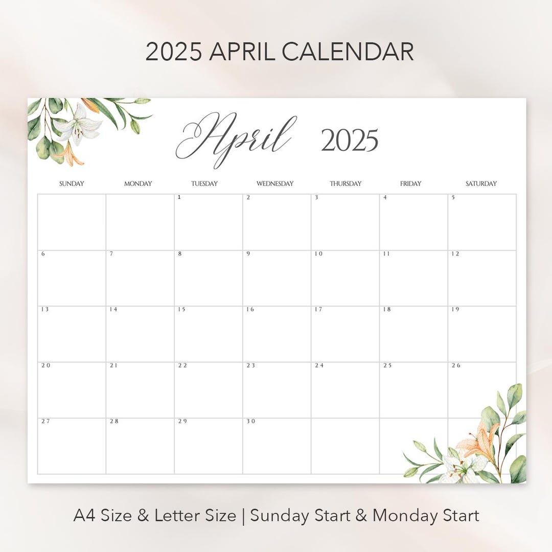 Editable April 2025 Watercolor Calendar: A4/letter Size (digital