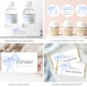 May include: Printable baby shower party decorations with a blue watercolor bow theme. Includes water bottle labels, cupcake toppers, food labels, and candy bar wrappers. The labels feature the text "Madison's Baby Shower".