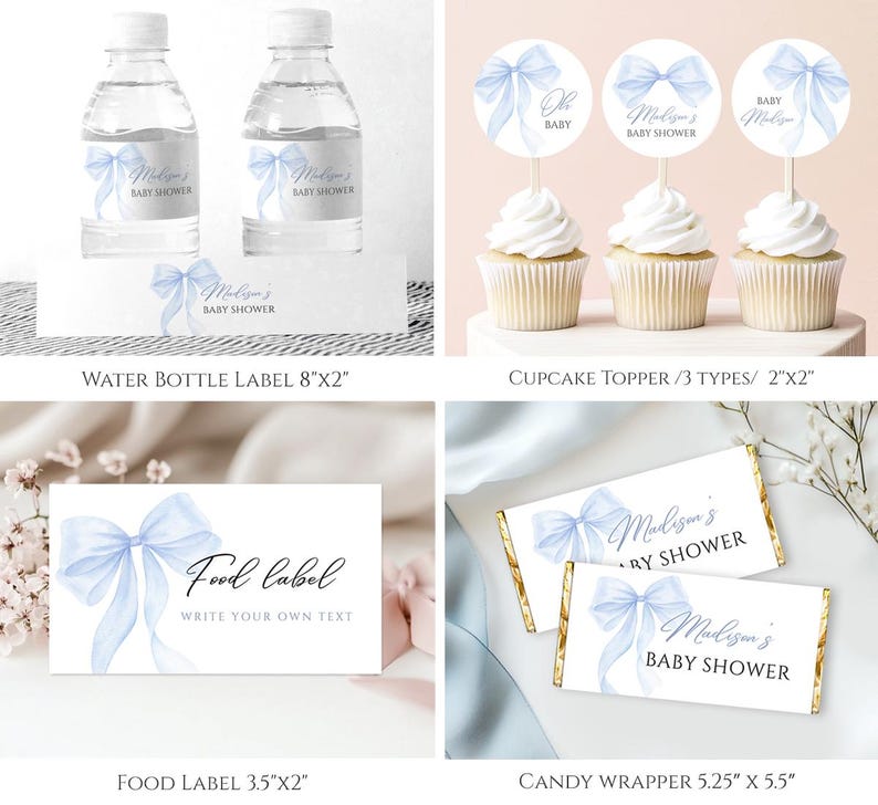 May include: Printable baby shower party decorations with a blue watercolor bow theme. Includes water bottle labels, cupcake toppers, food labels, and candy bar wrappers. The labels feature the text "Madison's Baby Shower".