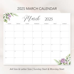Calendario imprimible de marzo de 2025, tamaño carta A4, calendario de pared, acuarela, diseño floral, plantilla editable de Canva