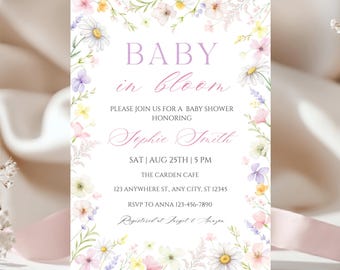 Editable Baby in Bloom Invitation, Floral Garden Baby Shower Invite, Wildflower Party Canva Template, Digital Download