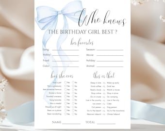 Who Knows the Birthday Girl Best, Blue Bow Printable Party Game, Canva Template Digital Download