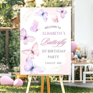 Panneau de bienvenue 1er anniversaire papillon rose violet papillon fête premier anniversaire fille signe de bienvenue modèle toile modifiable imprimable