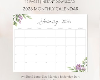 Editable 2026 Monthly Calendar Watercolor Floral Calendar Printable A4/Letter Size Canva Template Digital Download