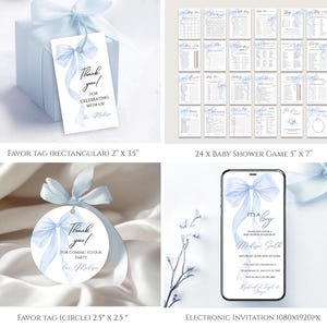 May include: Blue and white baby shower invitation with a watercolor bow and the text "It's a Boy!"  The invitation includes the name "Madison Smith" and the date and time of the event.  The invitation is designed for an electronic format and is 1080x1920 pixels.