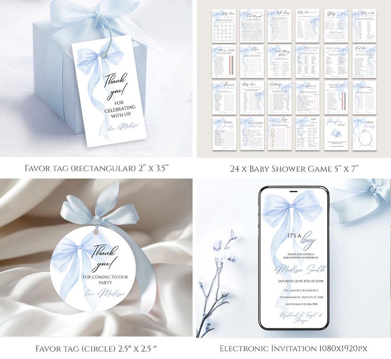 May include: Blue and white baby shower invitation with a watercolor bow and the text "It's a Boy!"  The invitation includes the name "Madison Smith" and the date and time of the event.  The invitation is designed for an electronic format and is 1080x1920 pixels.