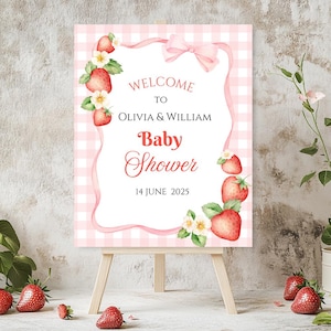 Rosa Schleife Beere Süß Baby Shower Willkommensschild Vorlage Erdbeere Kokette Babyparty Benutzerdefiniertes Schild Willkommen Poster Druckbare bearbeitbare Canva