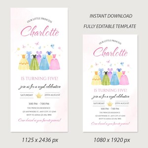 K&ouml;nnte beinhalten: Eine digitale Einladungsvorlage f&uuml;r eine Geburtstagsparty zum Thema Prinzessin. Das Design zeigt den Text "Our Little Princess Charlotte" in rosa Schrift, mit Aquarellkleidern und Schmetterlingen. Die Einladung enth&auml;lt Party-Details.