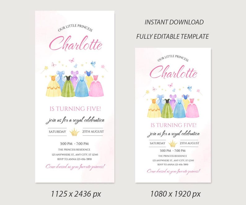 K&ouml;nnte beinhalten: Eine digitale Einladungsvorlage f&uuml;r eine Geburtstagsparty zum Thema Prinzessin. Das Design zeigt den Text "Our Little Princess Charlotte" in rosa Schrift, mit Aquarellkleidern und Schmetterlingen. Die Einladung enth&auml;lt Party-Details.